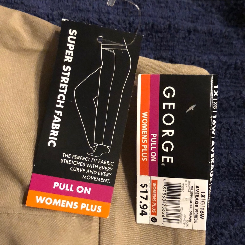 Pull on stretch fabric pants.